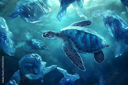 Environmental issue of plastic pollution problem. Sea Turtles can eat plastic bags mistaking them for jellyfish Sea turtle trapped in a plastic bag Stop ocean plastic pollution concept4k image photo