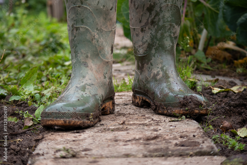 Dirty muddy green rain boots in the vegetable garden standing on tiles with soil around them Dirty muddy green rain boots in the vegetable garden standing on tiles with soil around them