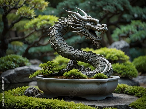 A bonsai tree shaped like a twisting dragon in a serene Japanese garden