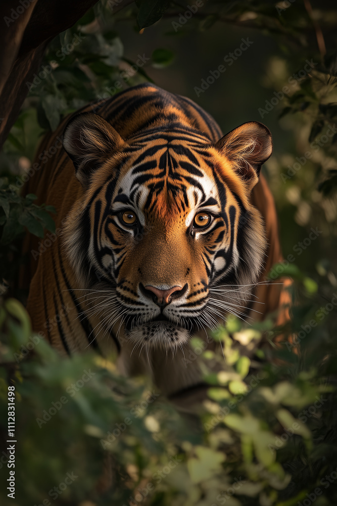 Bengal tiger looking at the camera among the undergrowth and leaves of the jungle. Endangered animals. AI Bengal tiger looking at the camera among the undergrowth and leaves of the jungle. Endangered animals. AI