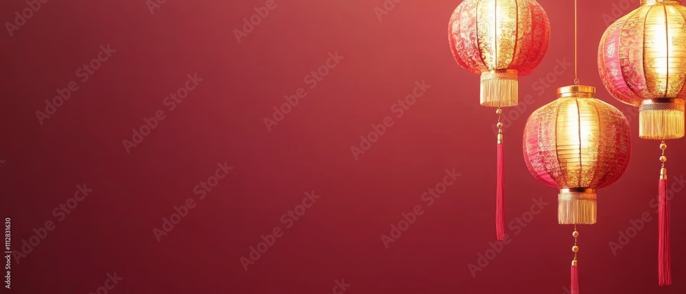 Chinese New Year Three red lanterns hanging from the ceiling