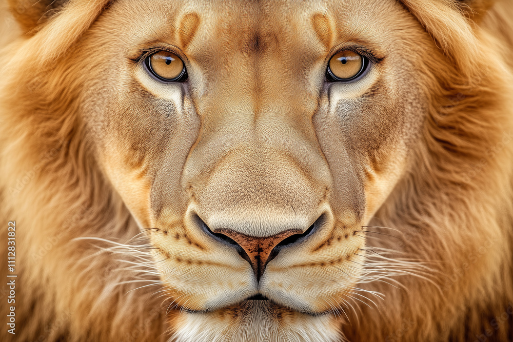 Naklejka premium Close-up photo of the Serengeti lion. Big cats in danger of extinction. AI