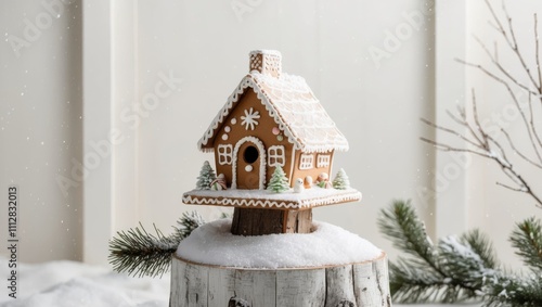 Enchanting Gingerbread Birdhouse in a Winter Wonderland. photo