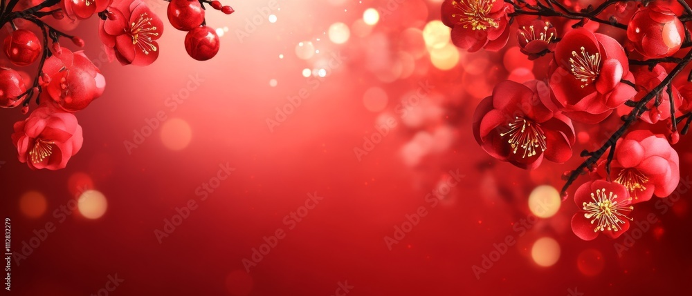 Chinese New Year A red background with red flowers on it Chinese New Year A red background with red flowers on it