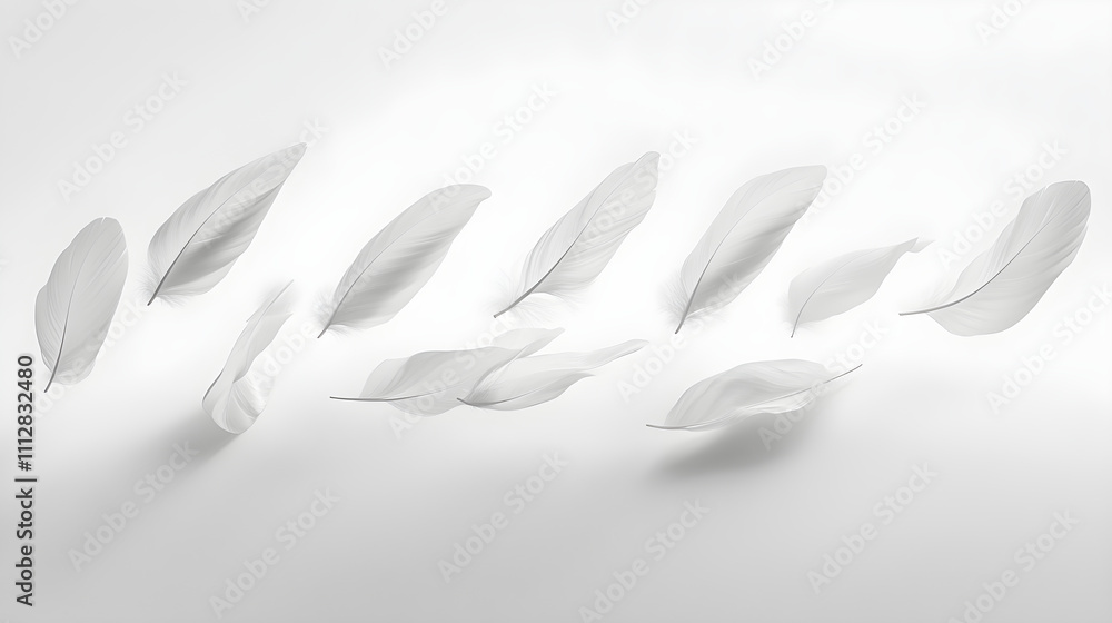 Fototapeta premium Ethereal Grace: White Feathers in Tranquil Descent on a Pristine Canvas