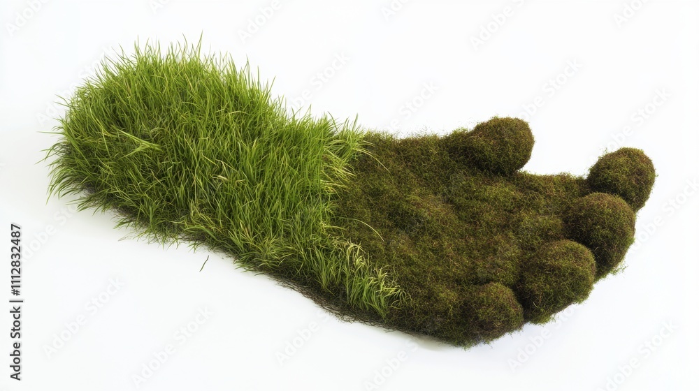 Fototapeta premium Eco-friendly footprint made of moss and grass symbolizing sustainability and environmental awareness, with a detailed and recognizable shape including all five toes.