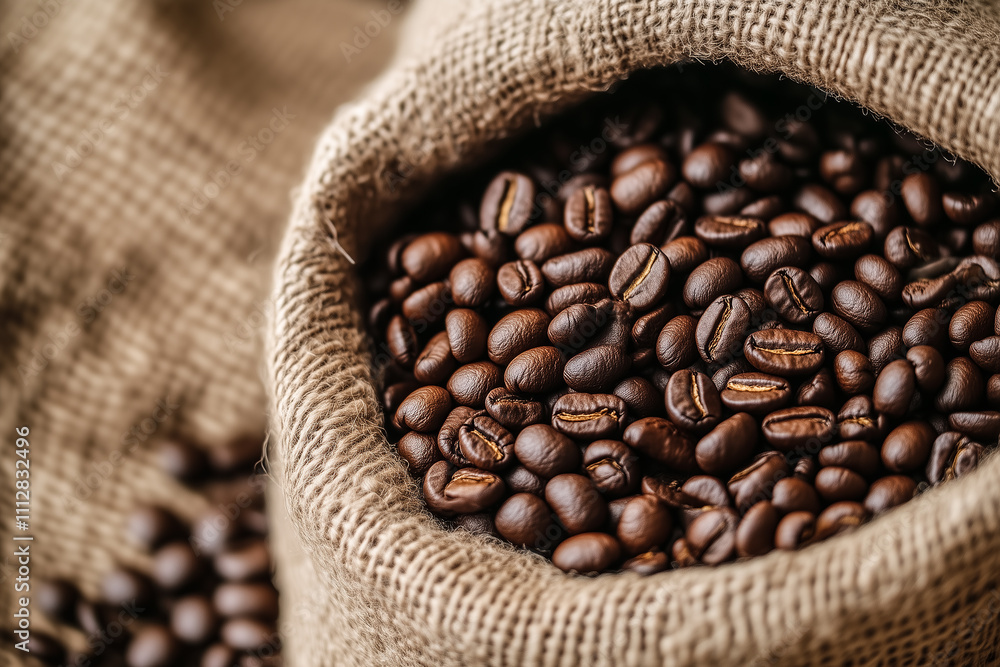 Roasted coffee beans inside a rustic and traditional cloth bag in which they are displayed for sale after being roasted by hand. AI
