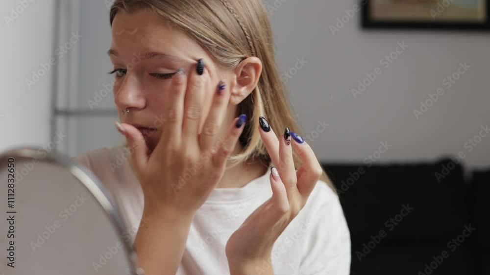 Young Girl applying makeup gazes into a round mirror, focusing on enhancing her features for a fresh and beautiful look in a cozy indoor environment Young Girl applying makeup gazes into a round mirror, focusing on enhancing her features for a fresh and beautiful look in a cozy indoor environment