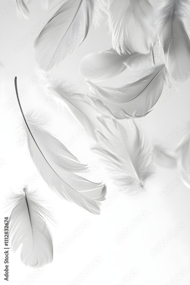 Ethereal Grace: White Feathers in Tranquil Descent on a Pristine Canvas Ethereal Grace: White Feathers in Tranquil Descent on a Pristine Canvas