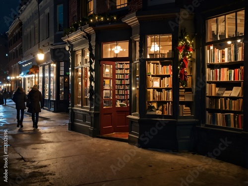 A cozy bookstore on Christmas Eve, where the books whisper holiday tales