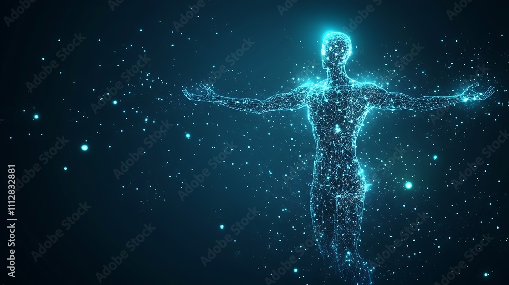 A man is standing in a field of stars, surrounded by a blue sky A man is standing in a field of stars, surrounded by a blue sky