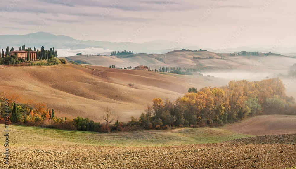 Obraz premium Tuscany, panoramic landscape with landmark rolling hills, AI gen