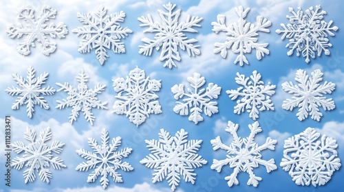 Collection of various detailed white snowflakes against a light blue sky with fluffy clouds.