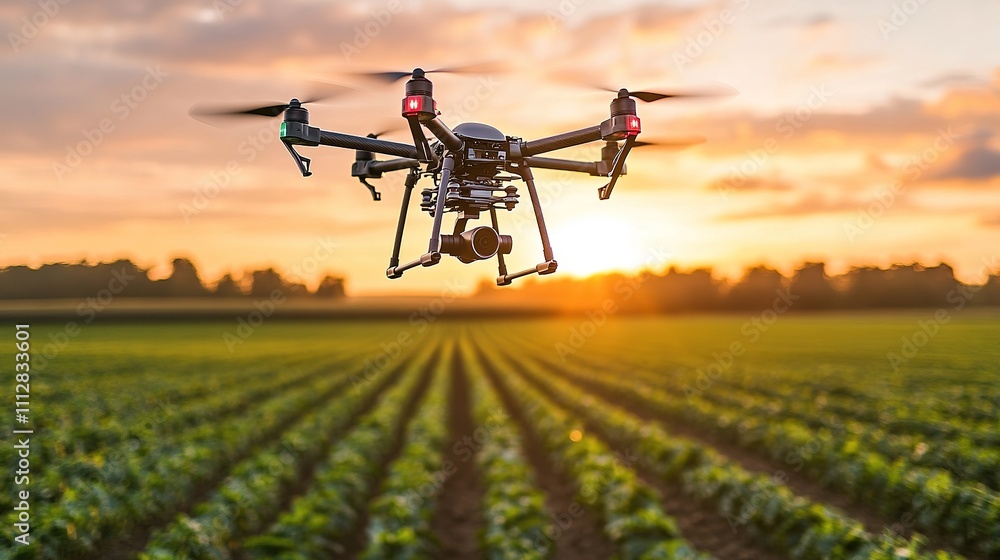 A drone flying over a farm, using precision agriculture technology to monitor crop health and soil conditions. A drone flying over a farm, using precision agriculture technology to monitor crop health and soil conditions.