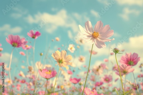 Wallpaper Mural Beautiful blooming flowers in a vibrant field under a blue sky with soft clouds, showcasing delicate petals in shades of pink and yellow, creating a serene and cheerful atmosphere Torontodigital.ca