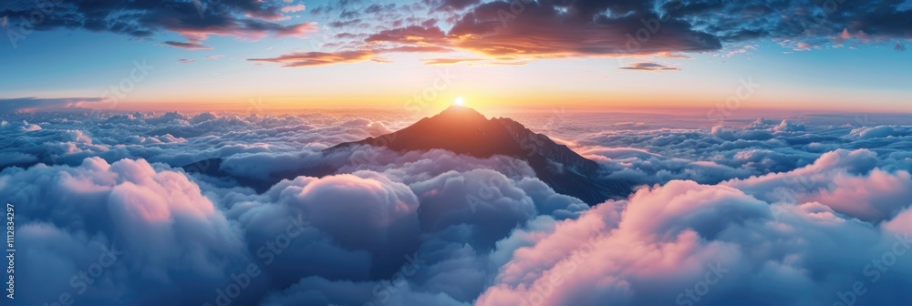 Epic Landscape. Aerial View of Majestic Mountain Peak at Sunset Above the Clouds Epic Landscape. Aerial View of Majestic Mountain Peak at Sunset Above the Clouds