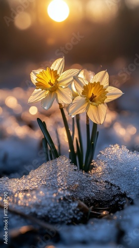 Daffodils blooming in snow during early spring at sunset in a tranquil garden