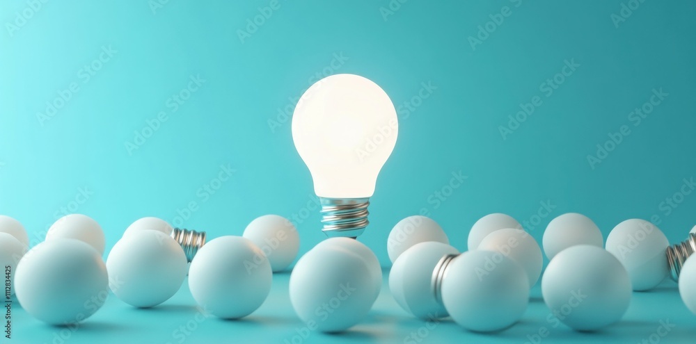light bulb, idea, creativity, innovation, inspiration, concept A glowing bulb is centrally positioned amidst numerous white spheres on a light blue background, symbolizing ideas emerging from creati light bulb, idea, creativity, innovation, inspiration, concept A glowing bulb is centrally positioned amidst numerous white spheres on a light blue background, symbolizing ideas emerging from creati
