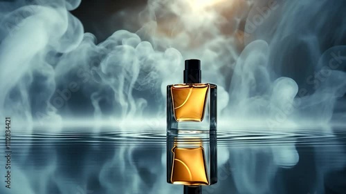 A bottle releasing abstract white smoke against a black background