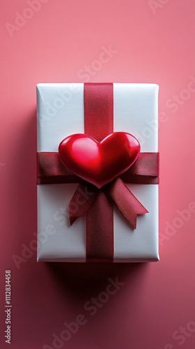 Gift box with a red heart on pink background perfect for celebrations and spe...