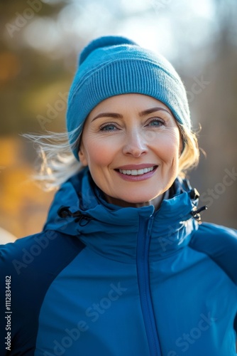 Happy woman smiling outdoors in winter attire with a blue background