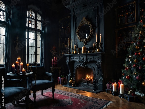 A gothic-style Christmas in a haunted mansion with eerie yet festive decorations