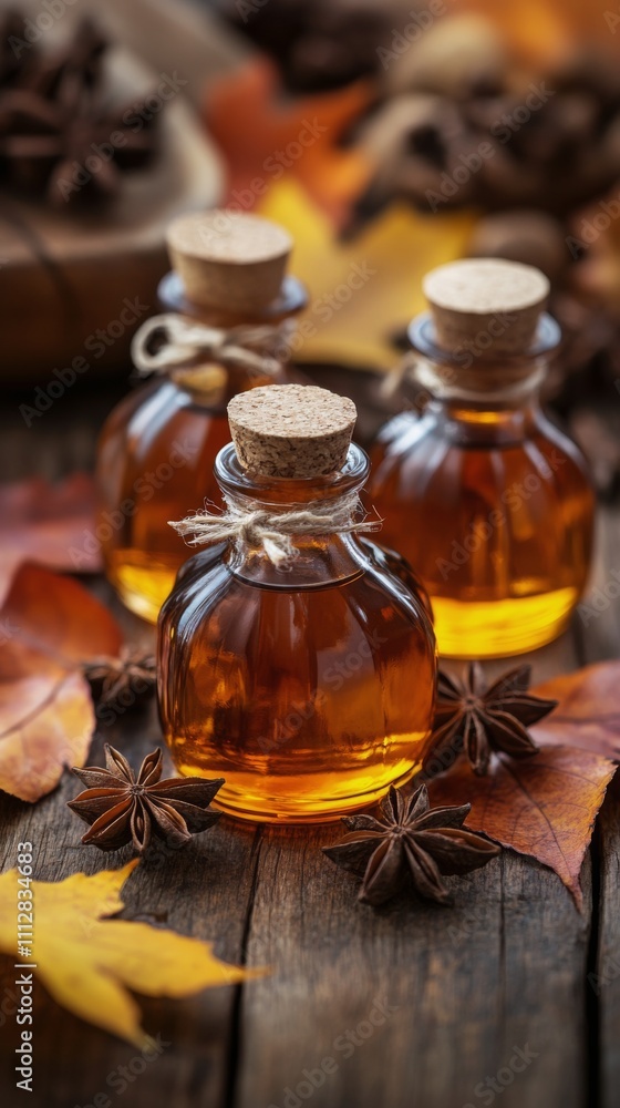 Captivating glass bottles filled with rich amber syrup surrounded by autumn leaves and spices Captivating glass bottles filled with rich amber syrup surrounded by autumn leaves and spices