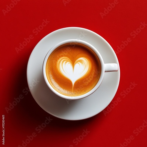 Warm coffee cup with heart shaped foam art on a bright red background in cozy...