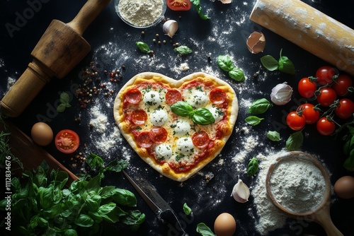 Heart shaped pizza preparation with fresh ingredients and baking tools on a d...