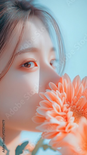 Young woman interacting with a large flower in bright and soft lighting durin...