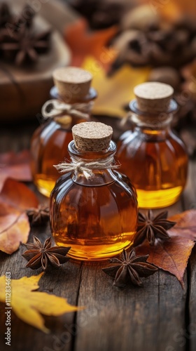 Captivating glass bottles filled with rich amber syrup surrounded by autumn l...