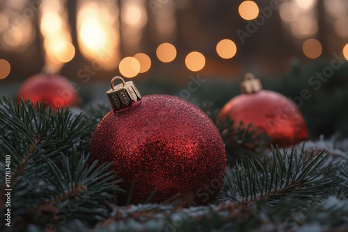 Red Christmas ornaments resting on green pine branches with blurred lights in...