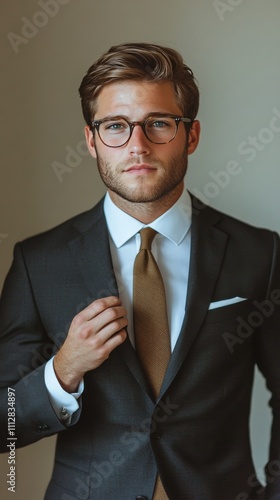 Confident man adjusting tie in formal attire with glasses in indoor setting