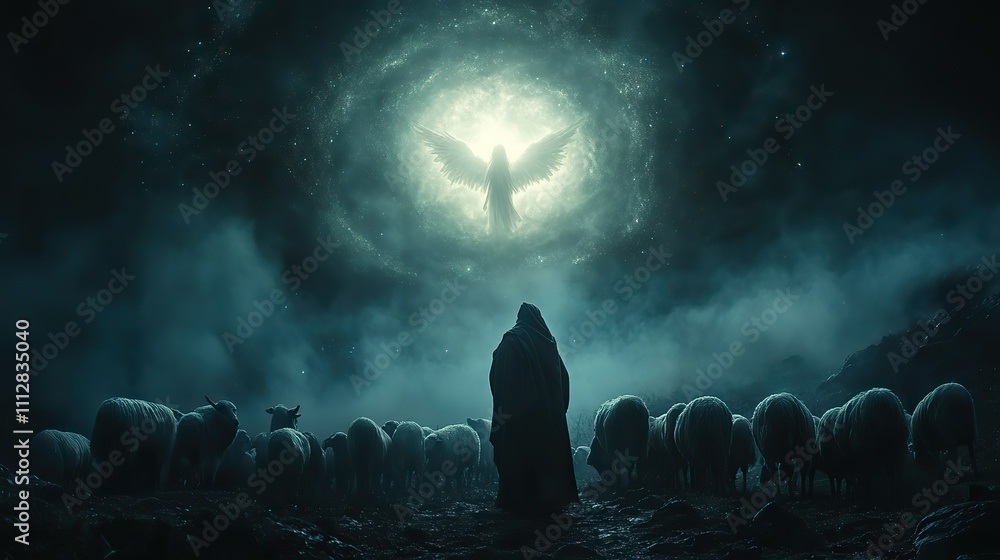 shepherds gaze at a radiant angel in the night sky with their flock nearby shepherds gaze at a radiant angel in the night sky with their flock nearby