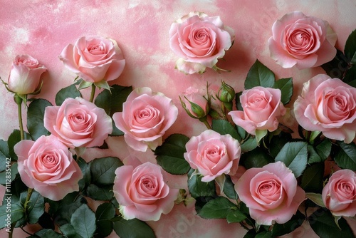 Pink roses arranged beautifully on a soft pink background for a floral display