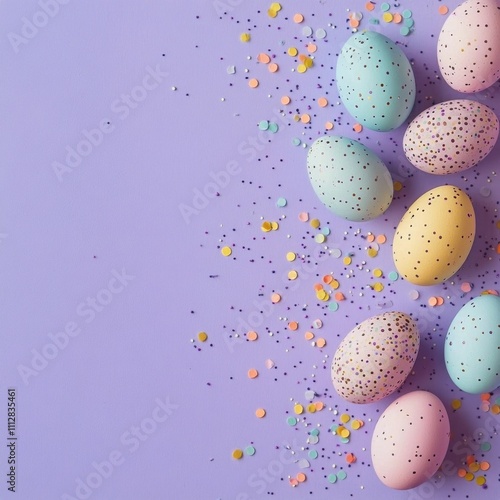 Various pastel colored easter eggs with speckles are arranged on a light purp...