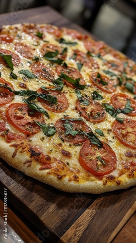 Delicious flatbread pizza topped with fresh tomatoes and basil in cozy setting