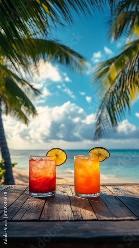Refreshing tropical cocktails under palm trees by the beach on a sunny day