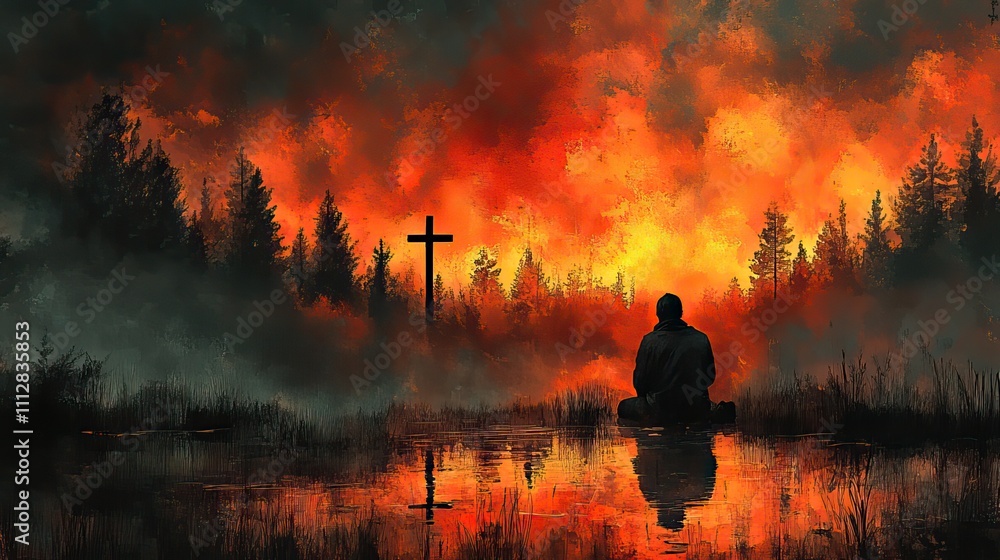 silhouette of a man kneeling by the lake and looking at the cross digital watercolor painting silhouette of a man kneeling by the lake and looking at the cross digital watercolor painting