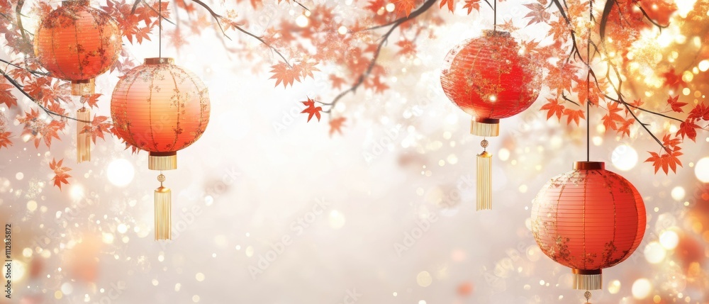 Fototapeta premium Chinese New Year A banner with four red lanterns hanging from a tree