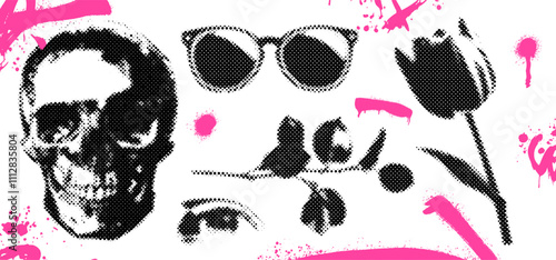 Abstract collage poster featuring a halftone skull, sunglasses, rose, and eye. Punk vector design with retro grunge elements, pop art doodles, and dark aesthetic tones.