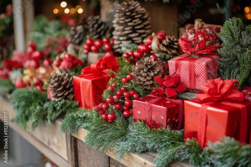 Beautifully arranged holiday gifts with pine cones and festive decorations