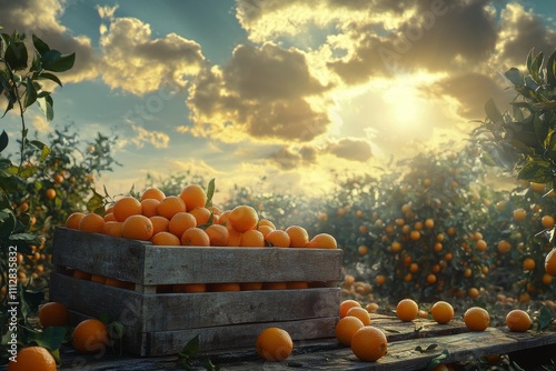 Golden oranges harvested at sunset in a tranquil orchard landscape