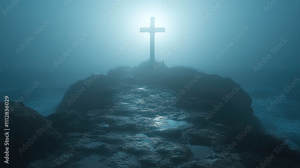 silhouette of a solitary cross over a dreamy misty sea landscape silhouette of a solitary cross over a dreamy misty sea landscape