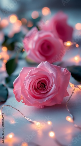 Pink roses with fairy lights creating a romantic atmosphere during evening time