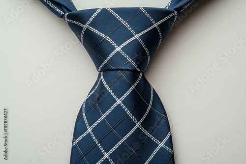 Checkered tie resting on blue surface suitable for formal events or business ...