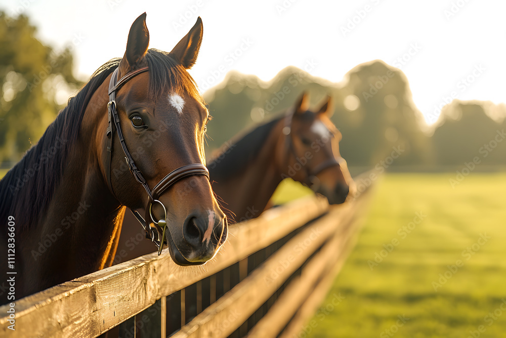 Obraz premium Two Dark Brown Horses Standing Gracefully Behind a Wooden Fence, Surrounded by a Rustic Countryside Setting