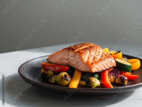 Grilled Salmon Fillet Served Over Colorful Roasted Vegetables on a Dark Plate for a Delicious and Healthy Meal Option in Culinary Presentation. photo