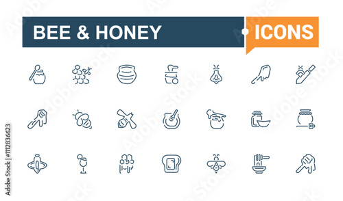 Bee And Honey icon set. Contains related to collection, honey jar, glyph, apiarist, illustration, tool, sign and more. Collection for mobile and web apps. Editable vector stroke.