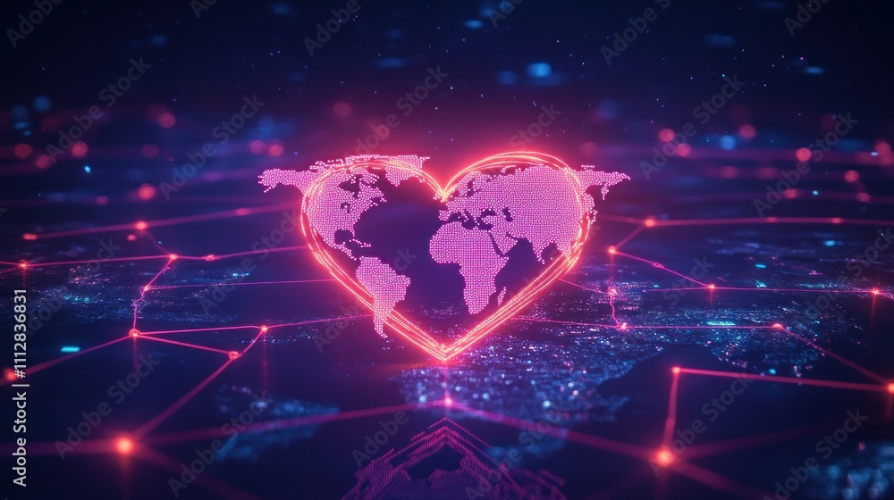 Fototapeta premium Heart-shaped globe connected by digital networks.